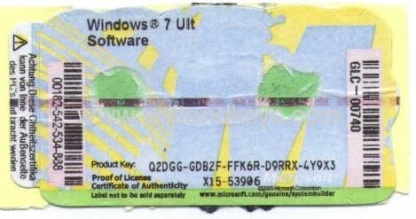 Microsoft Windows 7 Product Key Label