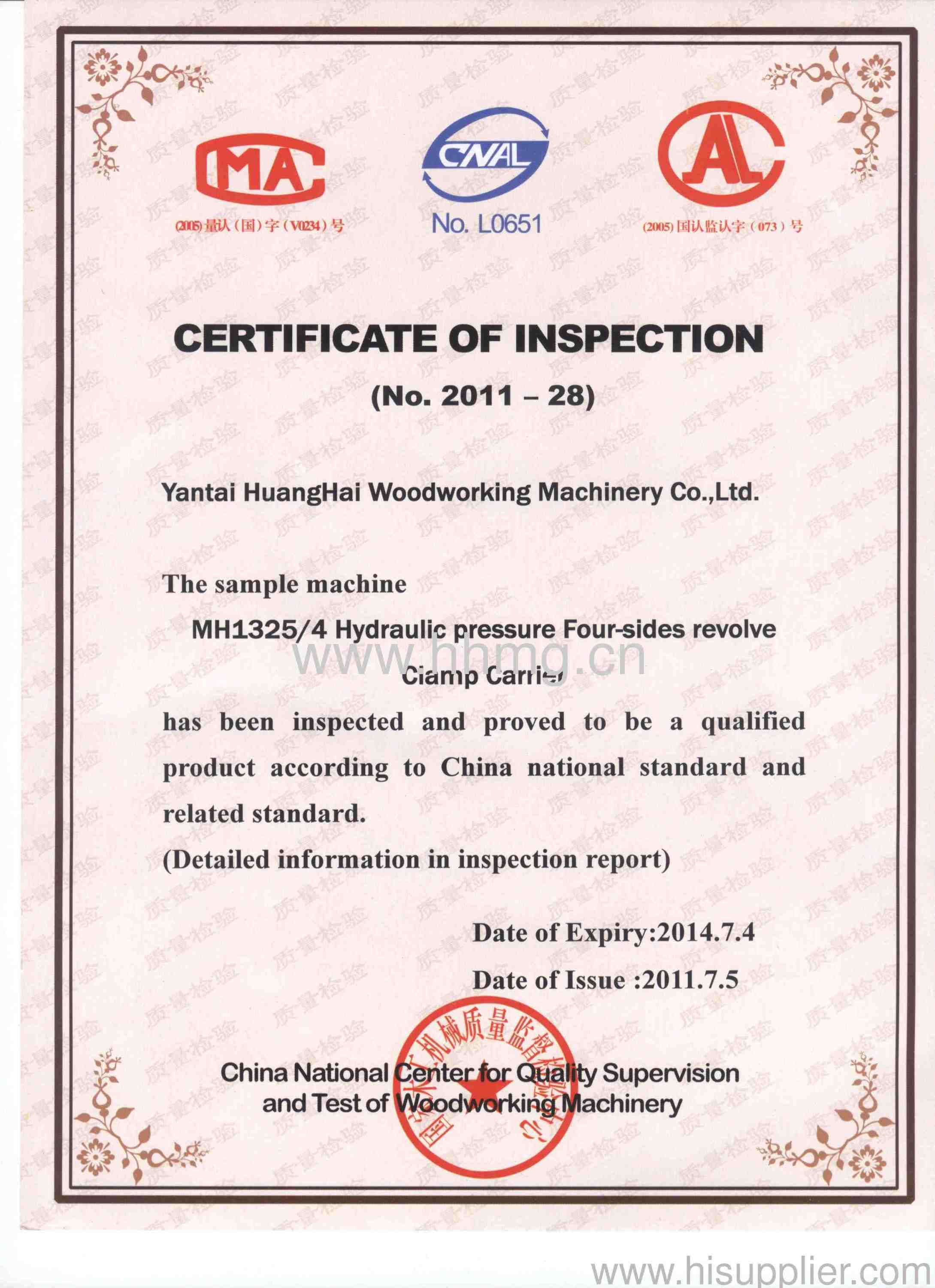 CERTIFICATE INSPECTION HUANGHAI WOODWORKING MACHINERY CO LTD