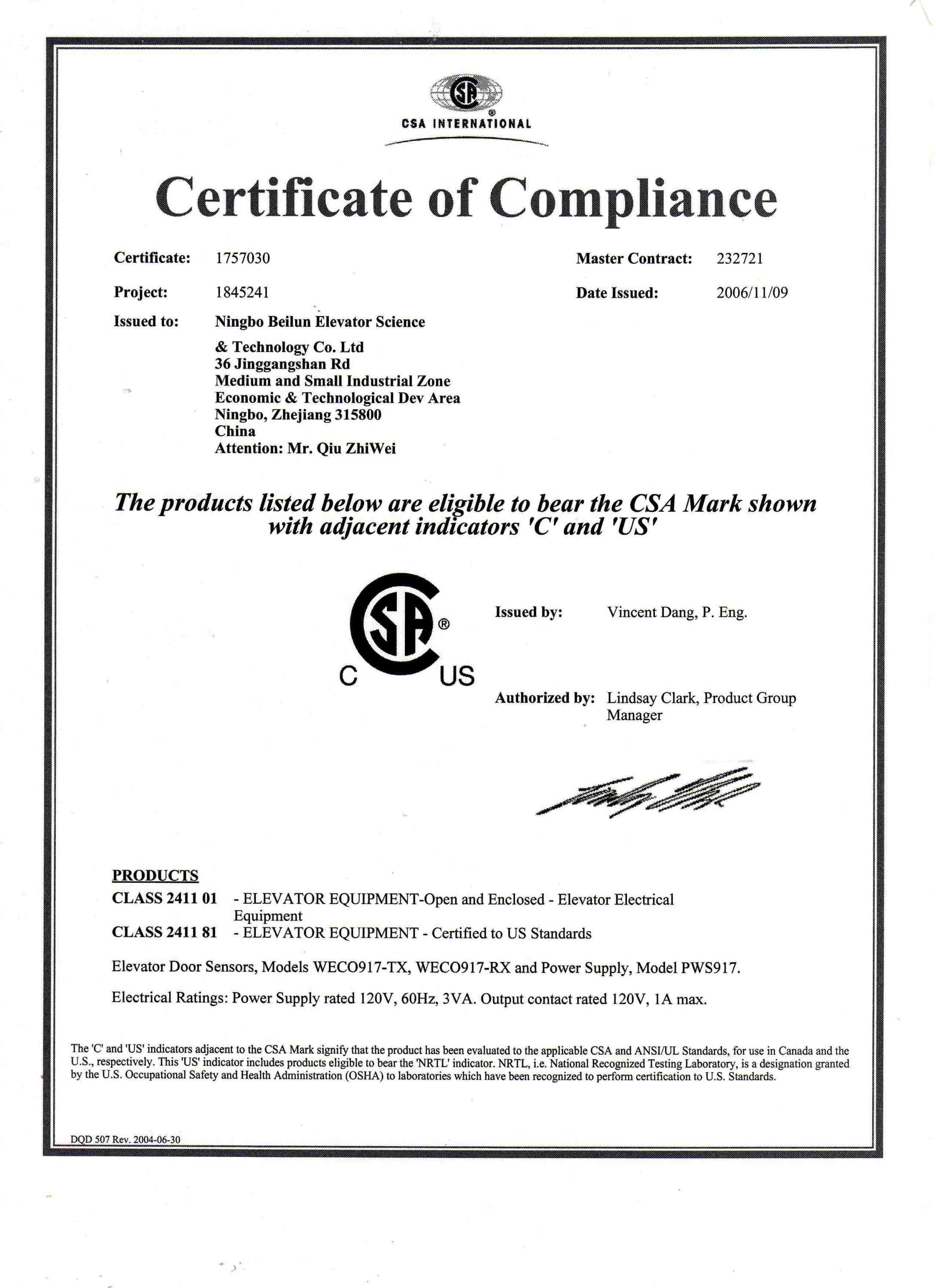 The North American CSA certification Weco optoelectronic Co Ltd