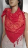 red cotton woven scarf, printed flowers