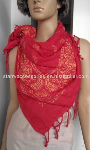 red cotton woven scarf, printed flowers