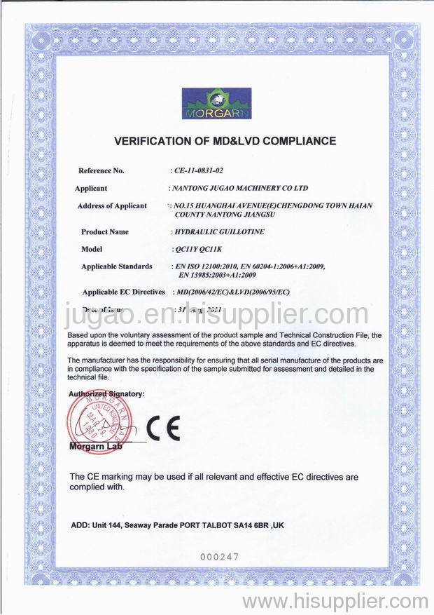 CE CERTIFICATION FOR HYDRAULIC GUILLOTINE