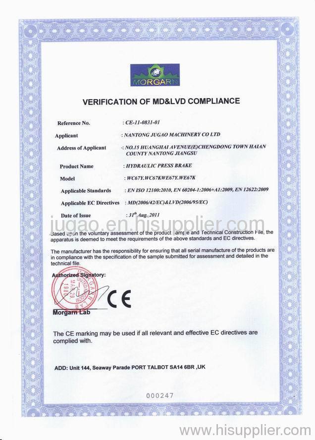 CE CERTIFICATION FOR HYDRAULIC PRESSBRAKE