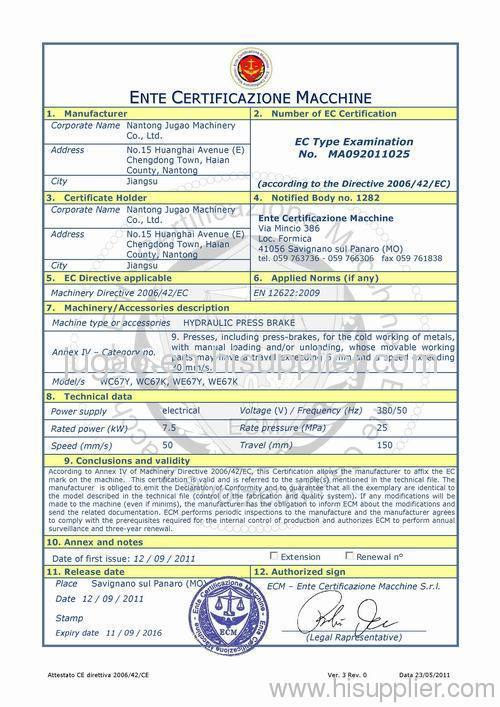 CE CERTIFICATION FOR HYDRAULIC FOLDING MACHINE