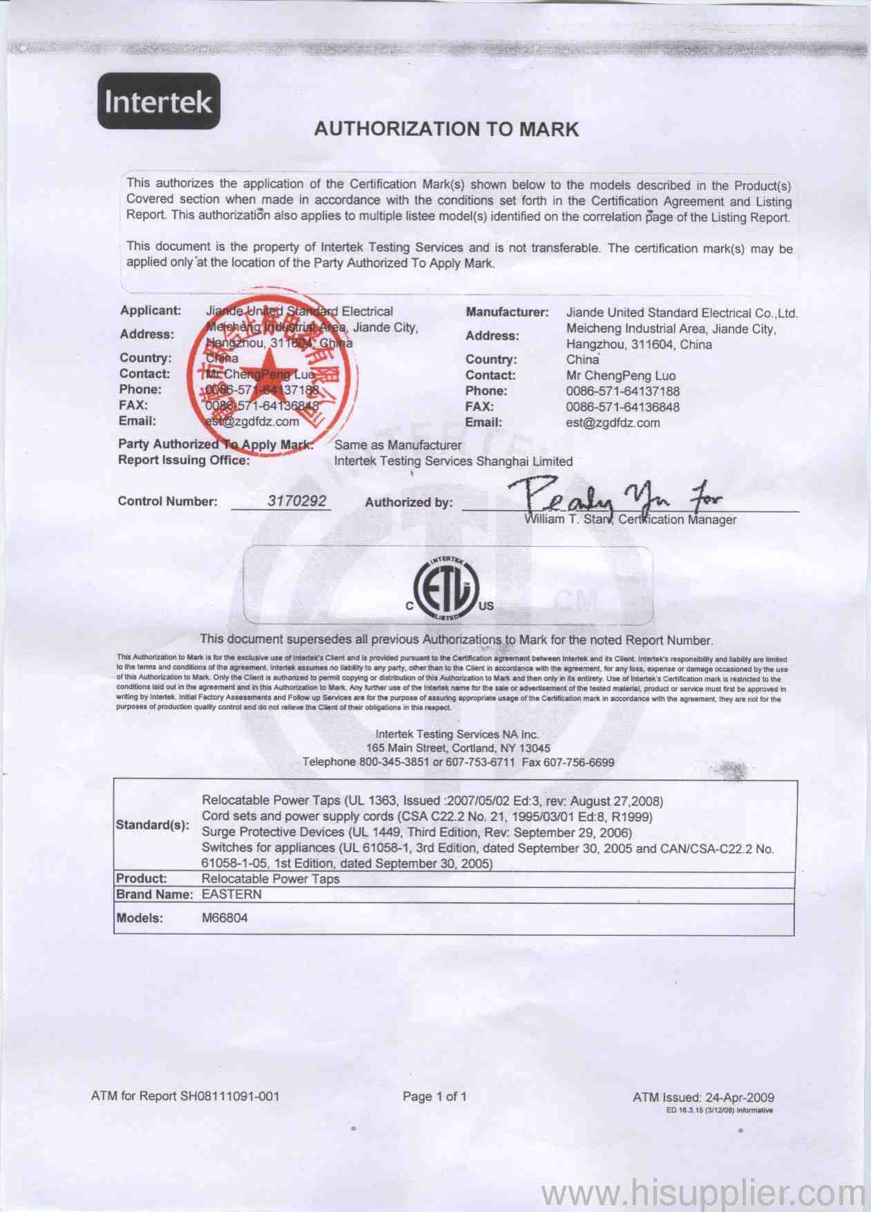 ETL cert for energy saving surge protector (M66804)