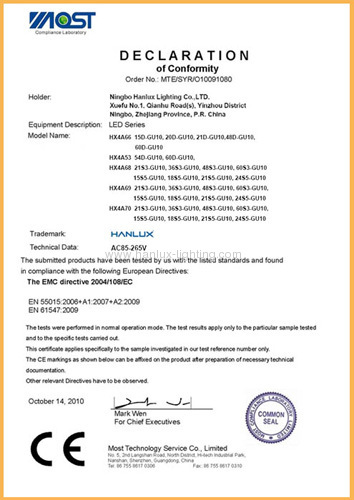 EMC certificate for GU10 low power LED bulb