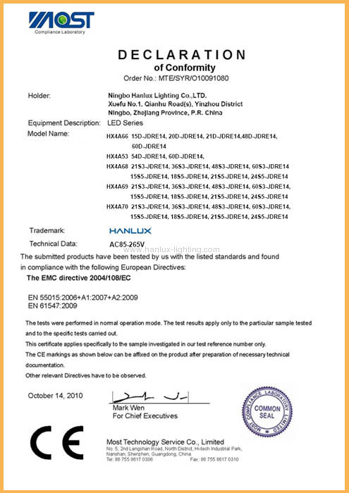 EMC certificate for JDR E14 low power LED bulb