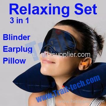 Travel Pillow 3 in 1 sets, Inflatable Travel Pillow, Blinder and Earplug