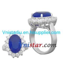 Rhodium plated royal ring VSR003-6 with clear and blue sapphire CZ stones