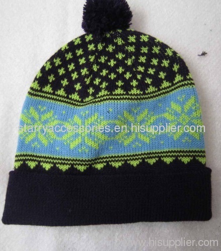 Acrylic Jacquard Knitted Hat with Pom-Pom