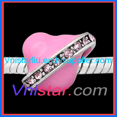 Pink heart enamel bead PBD3448-2 with light rose stones