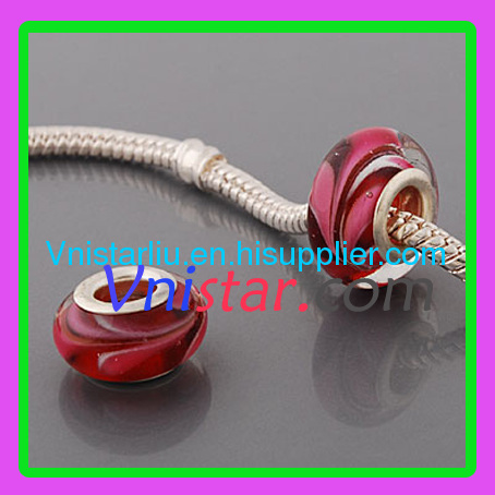 Red silver plated core wholesale murano glass bead PGB548 with pink hearts