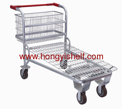 double-deck zinc plated flat supermarket trolley with wire basket