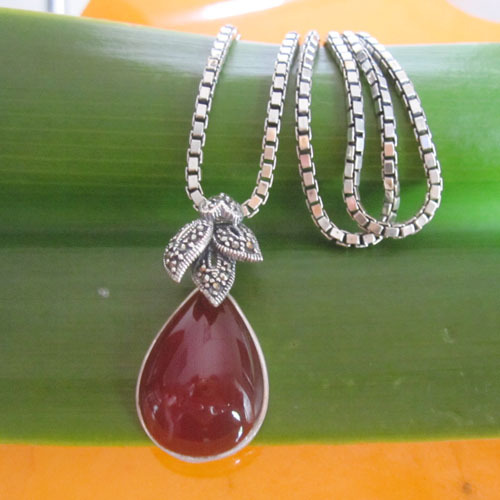 925 Thai silver jewelry,garnet and marcasite pendant necklace