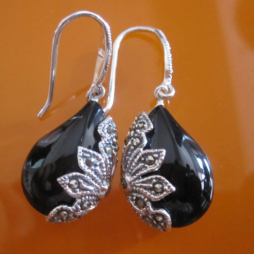 925 vintage Thai silver black onyx and marcasite earrings,925 Thai silver jewelry
