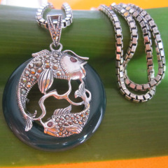 agate silver two fish pendant necklace jewelry,925 Thai silver jewelry