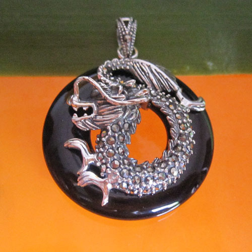 black onyx silver dragon pendant jewelry,925 Thai silver pendant