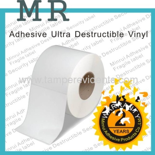 Adhesive ultra destructible vinyl label material