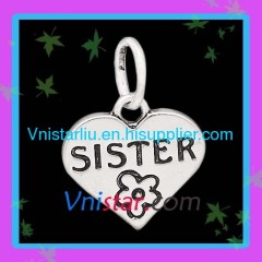 Antique silver plated heart-shaped charms UC212 with SISTER stamped
