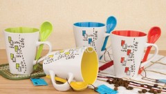 Ceramic Cafe Soup Mug With Colors Spoon