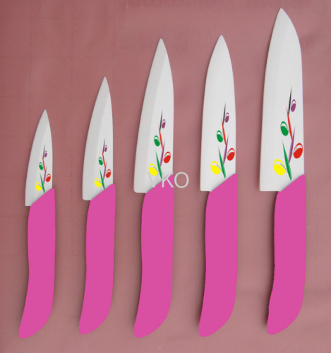 White Blade Flower Decal Ceramic Knives With Curved Handle