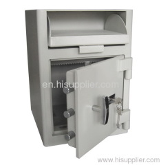 Front loading depository safes with high security double bitted key lock.
