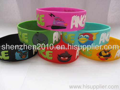 angry Space bird wristband, silicon kids bracelet, 1" wide band, colour filled in, 4colours