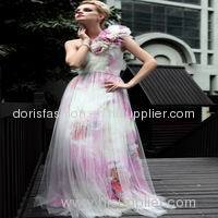 wholesale transparent net design printed dresses for prom party