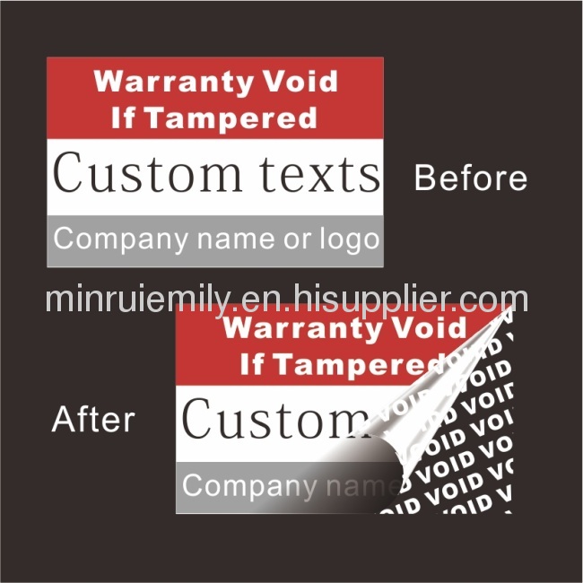 Custom polyester warranty void labels,leave white color texts VOID behind once tampered