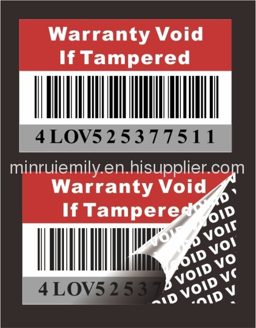 Custom polyester warranty void labels,leave white color texts VOID behind once tampered