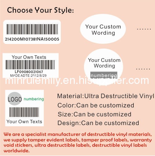 Custom destructible labels,One time use stickers,Warranty VOID if broken labels 