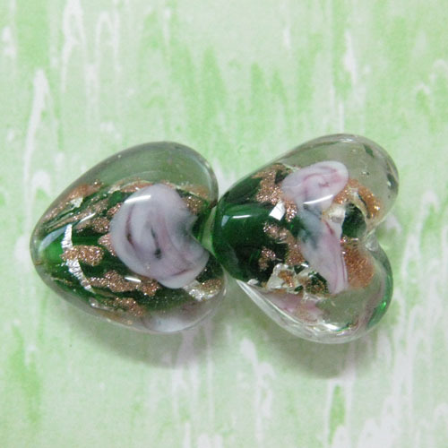 heart murano lampwork glass beads with flower