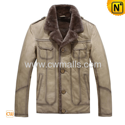 Men Casual Cowhide Leather Fur Lined Jacket Epaulet