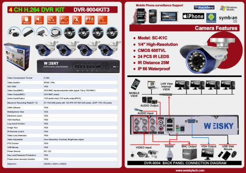 WEISKY CMOS 600TVL H.264 Full D1 4CH DVR KITs