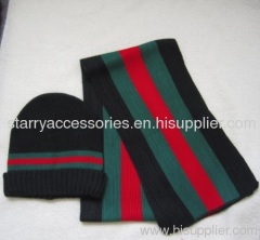 Black/red/green acrylic knitted scarf and hat