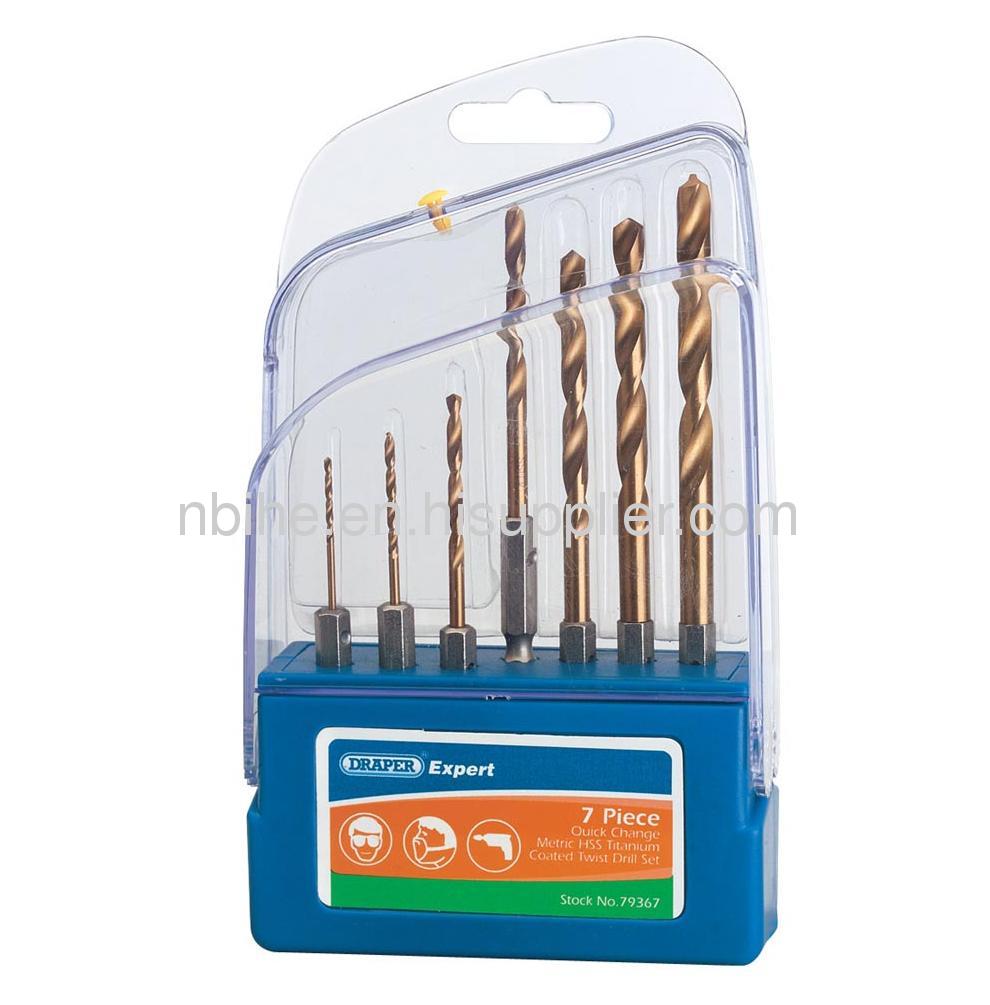 7Pcs DIN338 W9 Polished 1/4quick hex shank twist drills Ti-coated transparent plastic box packing