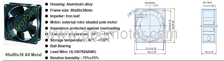 Metal AC Axial Fan with ball bearing extra rotor motor for ventilation