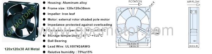 120*38 metal AC Axial Fan with ball bearing and high speed for cooling