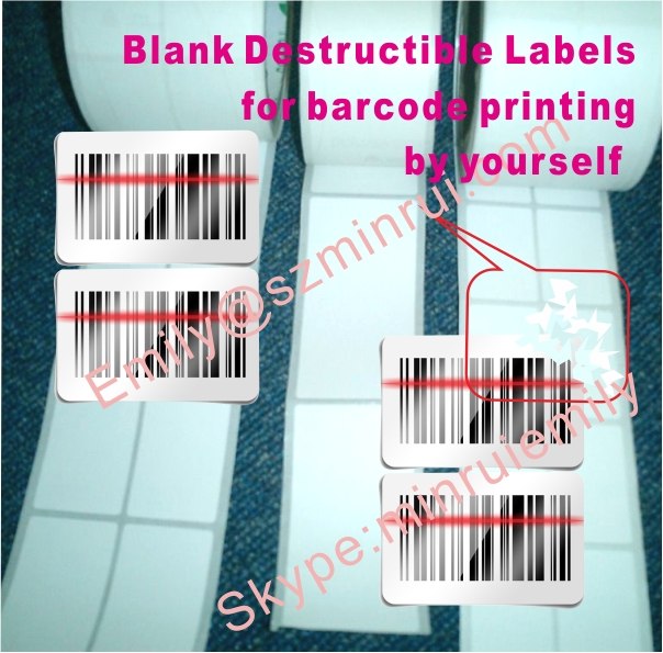 Custom different sizes ultra tamper evident destuctible vinyl labels for barcode printing at home