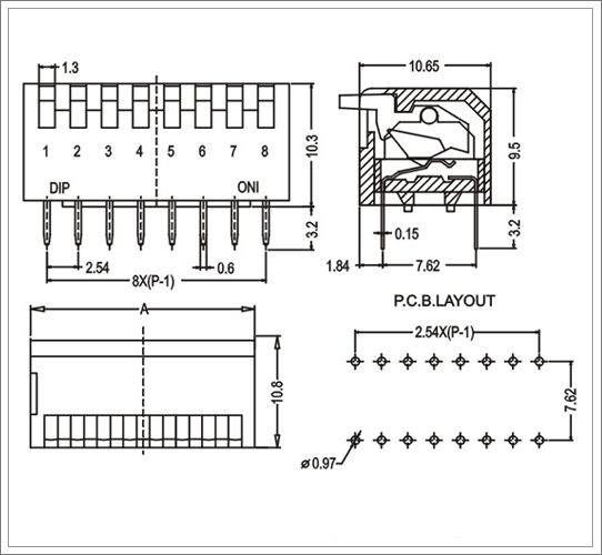 red/blue colro pitch 10 position piano type dip switch KF1002 data sheet