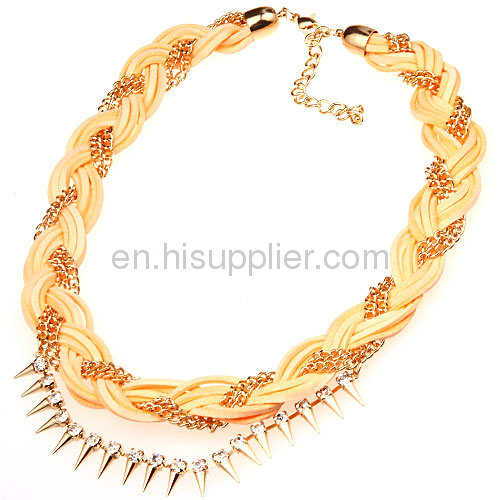 Fashion Gold Chunky Braided Chain Leather Necklace Wholesale