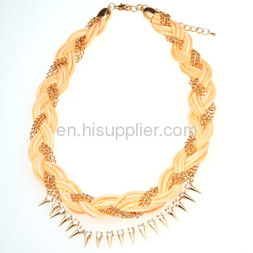 Fashion Gold Chunky Braided Chain Leather Necklace Wholesale