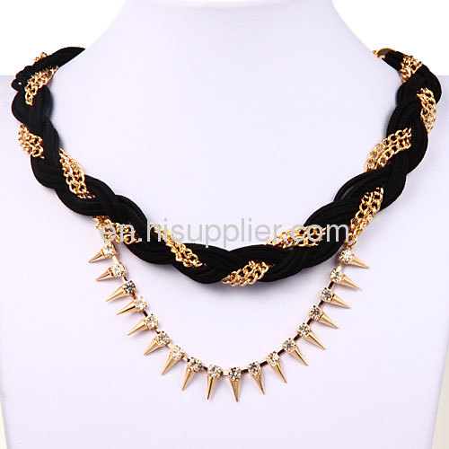 Fashion Gold Chunky Braided Chain Leather Necklace Wholesale