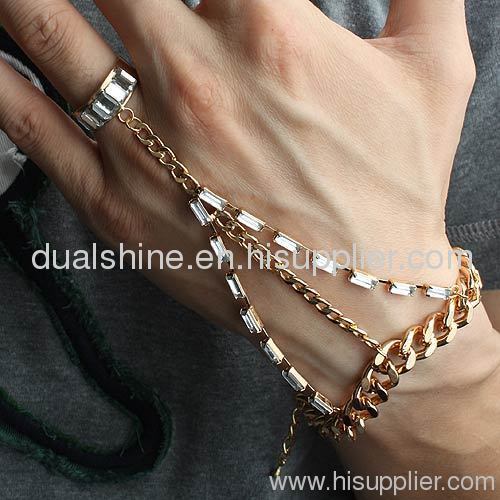 New Arrival Gold Plated Retro Punk Style Acrylic Rings and Bracelets with Sets Chain