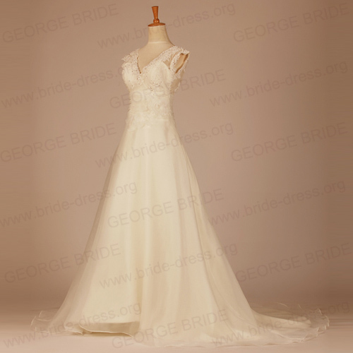 A Line beaded Alencon Lace Wedding Gown With Cap Sleeves
