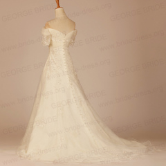 GEORGE BRIDE A Line Short Sleeves Lace Wedding Dress with Appliques