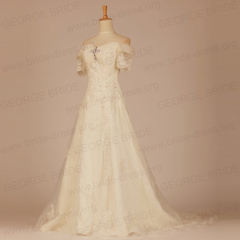 GEORGE BRIDE A Line Short Sleeves Lace Wedding Dress with Appliques