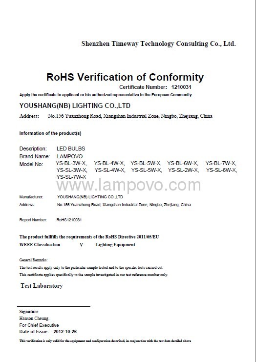 RoHS Verification of Conformity
