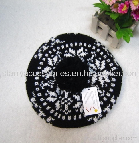Acrylic jacquard knitted winter beret with pom-pom
