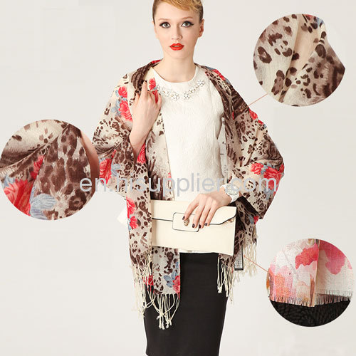 Cashmere Wool Tassel Shawl Stole Leopard Print Pashmina Scarf